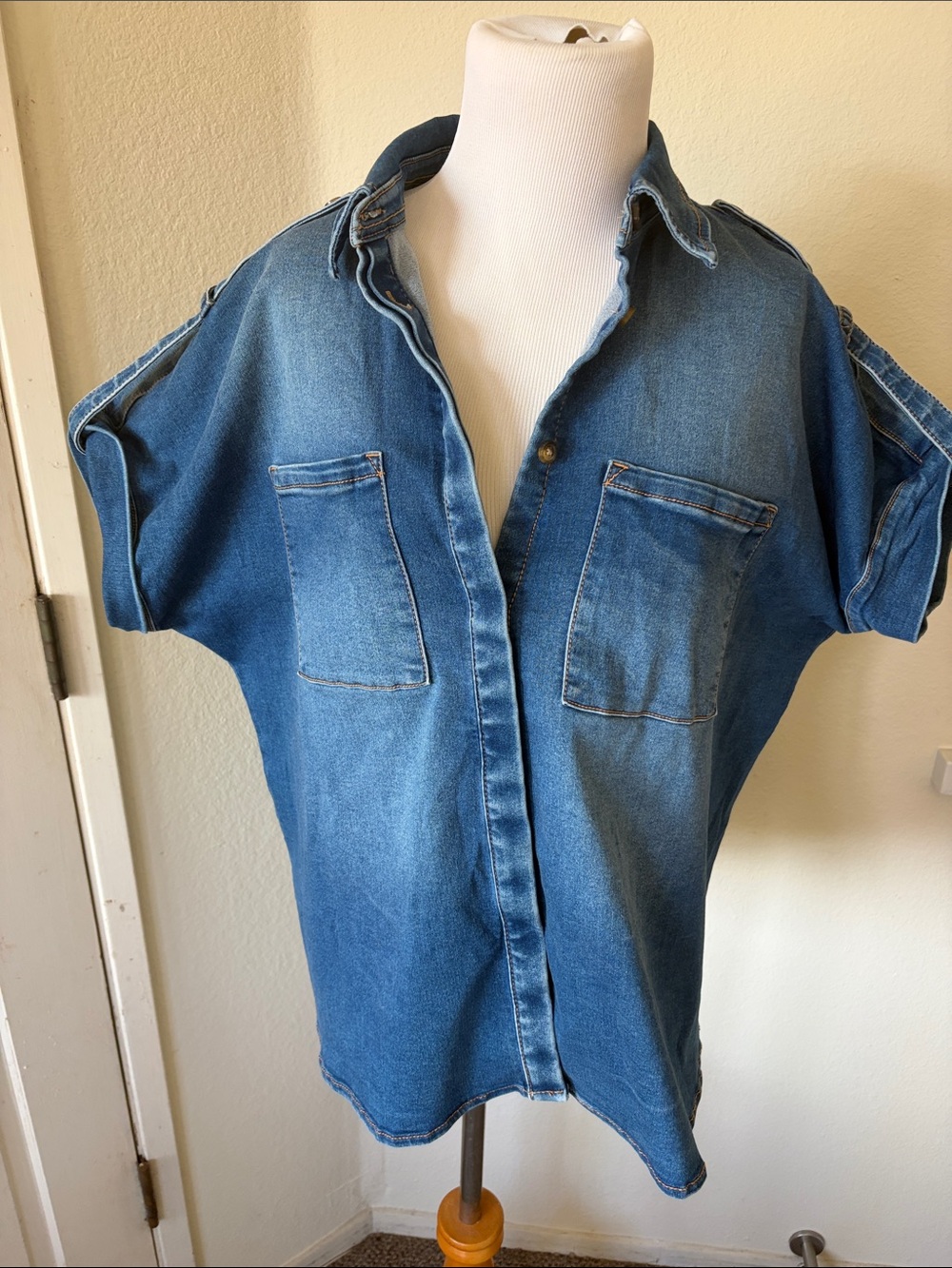 Love Trends Denim Button-Up Short Sleeve Blouse - Blue